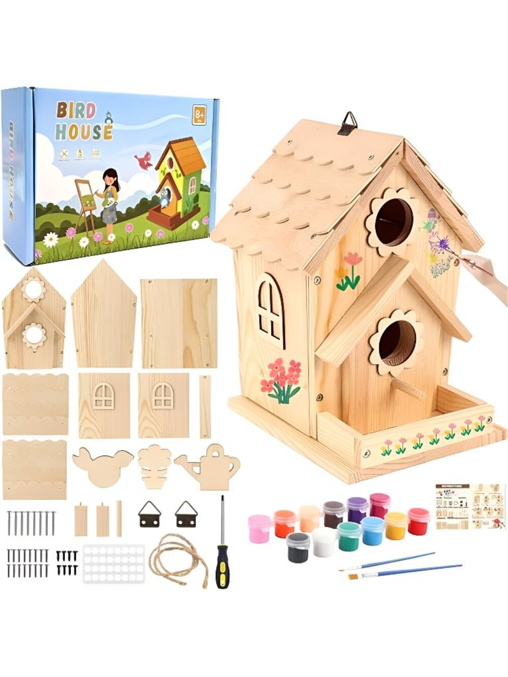 DIY Birdhouse Kit for Kids and Adults - Wooden Bird House Kit with Paint